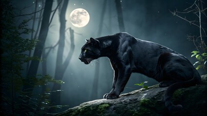 A muscular black panther with yellow eyes on a mossy rock in a moonlit forest.