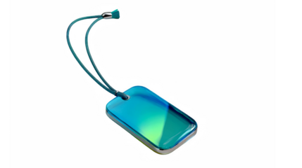 A sleek rectangular object with a stunning blue-green iridescent gradient and metallic trim