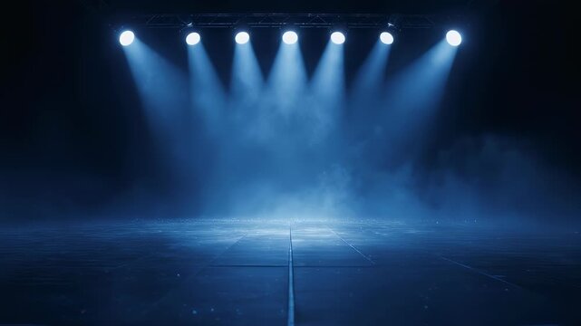 Stage lights illuminate a smoky, dark atmosphere with a tiled floor