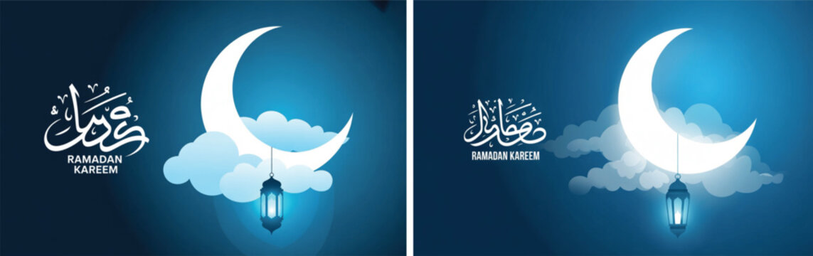 Ramadan, Ramadan Kareem, Ramadan Mubarak, Islamic, Muslim, Holy Month, Fasting, Crescent Moon, Arabic Calligraphy, Lantern, Fanous, Night Sky, Clouds, Greeting Card, Banner, Background, Spiritual, Fai