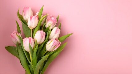 Fototapeta premium Colorful Spring Tulip Bouquet on Pink Background. Spring, Mothers Day, Birthday, or Valentines Day Greeting Card Concept. Colorful tulip bouquet wrapped on pink background