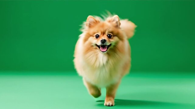 Pomeranian Dog Running Green Screen Small Breed Motion Chroma Key Fluffy Toy Dog Isolated Background