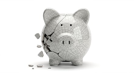 A mosaic-patterned piggy bank, visibly cracked with pieces falling off, symbolizing financial fragility.