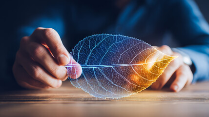 Hand holding a leaf shaped digital mesh representing sustainable technology renewable energy and environmental responsibility.
