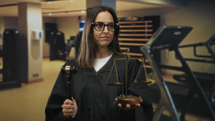 Woman judge in robe holds gavel and scales with hands visible in gym building, standing by...