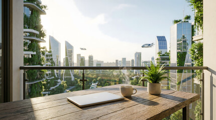 Fototapeta premium Minimalist Home Office on Balcony Overlooking Futuristic Sustainable City, Remote Work Concept with Laptop and Coffee in Morning Sun