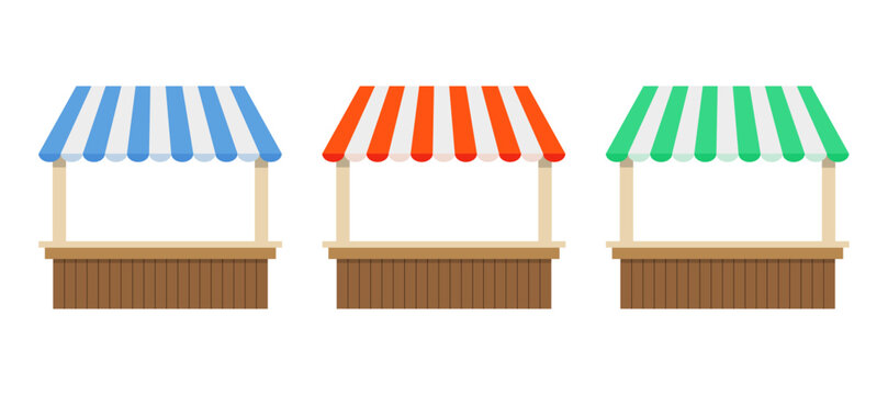 Set of market empty wooden stall isolated on white background. Vector stock