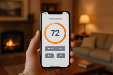 Hand holding a smartphone adjusting home temperature in a cozy interior. Modern smart home heating and climate control concept highlighting comfort and energy efficiency.