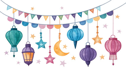 A colorful illustration of hanging lanterns and stars for a festive celebration or party decoration