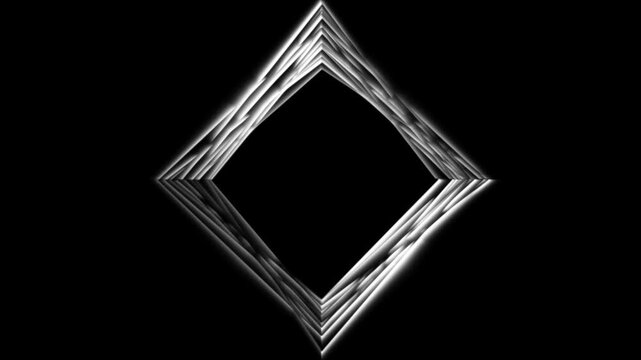 Abstract white glowing diamond shape frame with copy space on black background motion loop