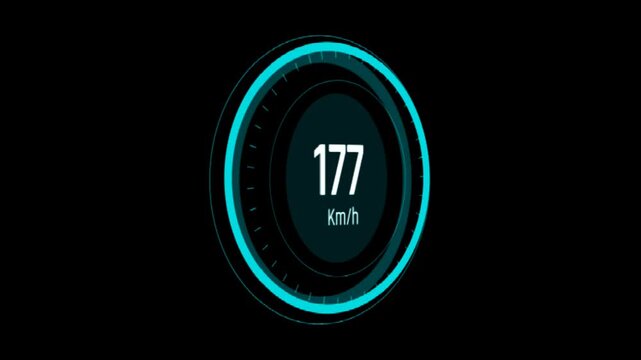 Futuristic digital speedometer HUD showing 177 kmh, glowing blue circular gauge on black background, modern tech dashboard animation.