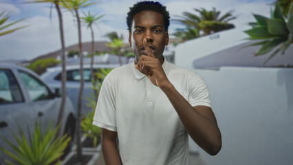 Man finger to lips for silence gesture on street lined with cars and palm trees; quiet calm...