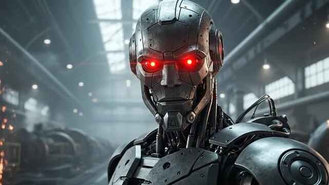 Futuristic Humanoid Robot Turning Head with Glowing Red Eyes