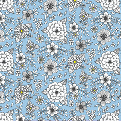 Seamless English cottage core pattern with white flowers  and blue cyan background