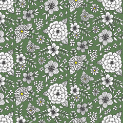 Seamless English cottage core pattern with white flowers  and green background