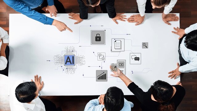 Diverse group of professionals collaborating around table with technology graphics focusing on artificial intelligence and data analysis Gluon.