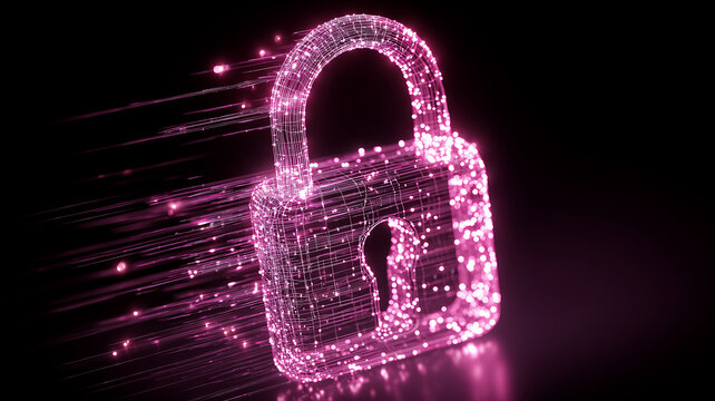Padlock built from streaming data particles representing encrypted access control and cybersecurity protection for online networks.
