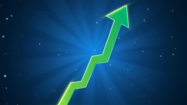 Green Arrow Graph Rising Upwards on Blue Background.