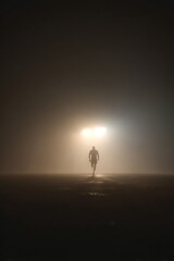 Fototapeta premium Abstract endurance concept, male athlete silhouette walking through fog toward a single light source, minimalist cinematic style