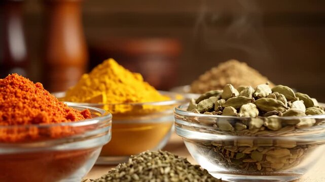 Assorted Spices in Glass Bowls Displayed.