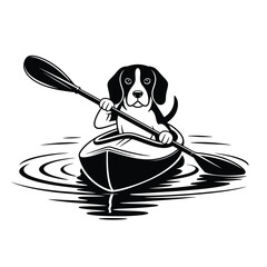 A beagle dog paddling a kayak in water a whimsical scene © firoj