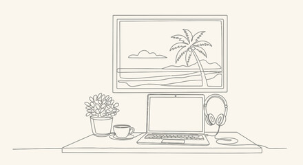line drawing of a laptop on a desk with a coffee cup and plant and monitor with a tropical island scene on screen