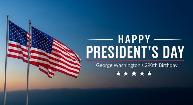 Happy President's Day celebration graphic featuring two waving American flags against a dramatic blue sunset sky background