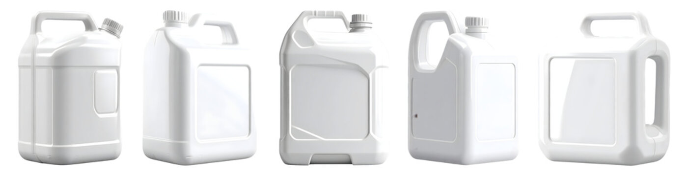Set of White plastic jerry can or canister for liquids, industrial mockup. Isolated on transparent background, png