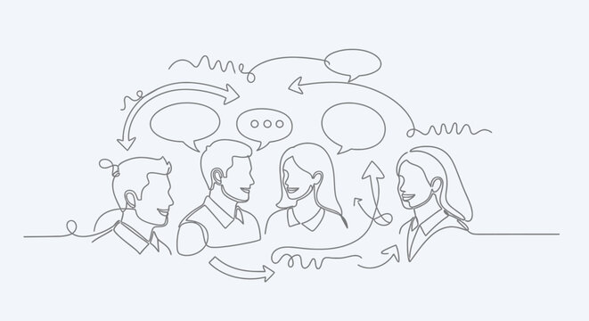 Continuous line drawing of four people talking to each other in a meeting or discussion with speech bubbles and arrows around them