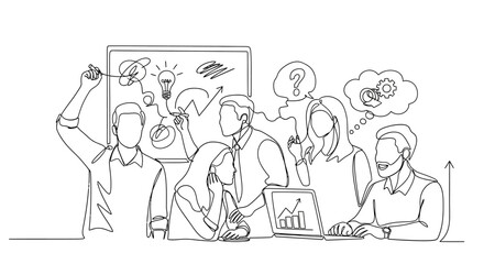 Obraz premium a group of business people having a meeting with a whiteboard and laptops