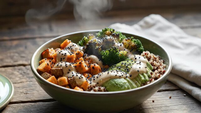 Chef prepares healthy grain bowl with fresh vegetables and seeds