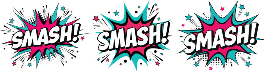 Comic SMASH Sound Effect Explosion Speech Bubble Set Pop Art Vector