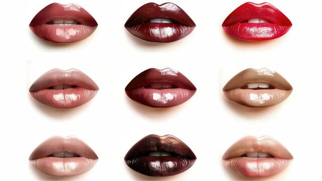 Video A collection of nine colored lips on a white surface, ideal for use in beauty or cosmetic-themed projects