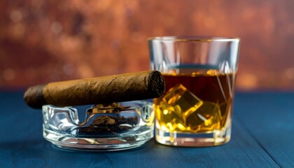 A thick cigar on a glass ashtray next to a tumbler of amber whiskey with ice on a blue wooden surface.