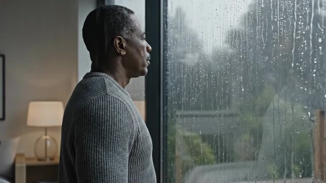 Indoor person observing rain. A person watches rain outside from a window, framed in a quiet interior with soft reflections on the glass.