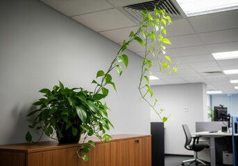 Lush Green Pothos Plant Thriving in a Modern Office Environment.