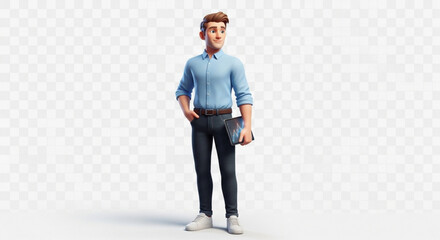 A 3d cartoon man wearing a blue shirt and black pants standing