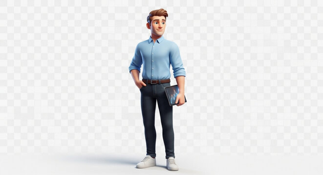 A 3d cartoon man wearing a blue shirt and black pants standing