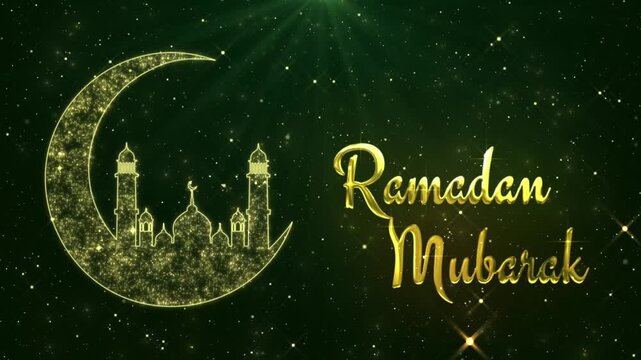 Ramadan background shiny glitter crescent moon masjid and ramadan mubarak text in the light ray, islamic abstract background