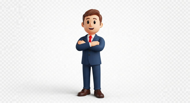 A cartoon man in a blue suit and red tie standing with arms crossed