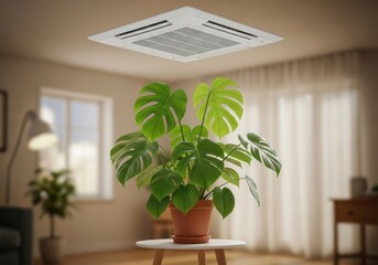 Modern Living Room with Ceiling Air Conditioner and Monstera Plant.