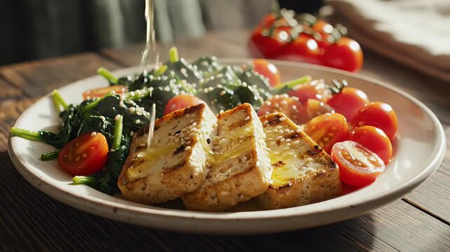 Close up of a plate with food featuring grilled items tomatoes and fresh green vegetables