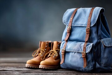 Brown boots and blue backpack on wooden surface