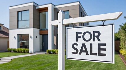 Fototapeta premium For sale sign in front of modern luxury house exterior 