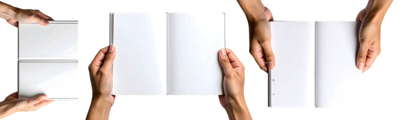 Set of Male hands holding an open blank book or brochure for mockup. Isolated on transparent background, png