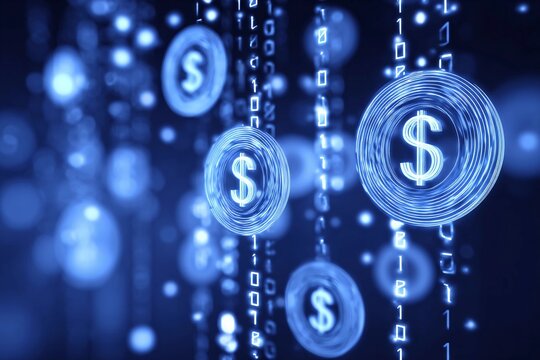 Money symbols in a digital space with binary code - Powered by Adobe