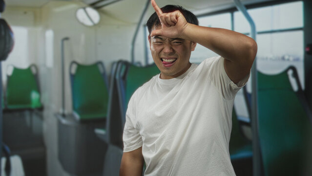 Man smiling and raising hand with l sign on forehead inside empty green seats of a city bus on urban street; fun.