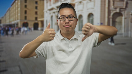 Naklejka premium Man showing thumbs up and thumbs down with visible hands and forearms on a busy street in front of a building; ambivalence.