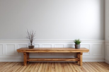 Wooden bench with plants sits against a white paneled wall.
