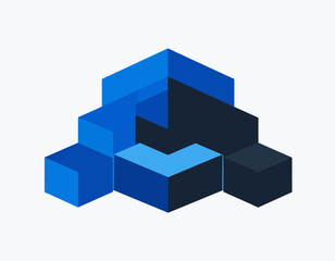 Abstract Geometric Assembly of Cubes in Blues Representing Structure and Growth